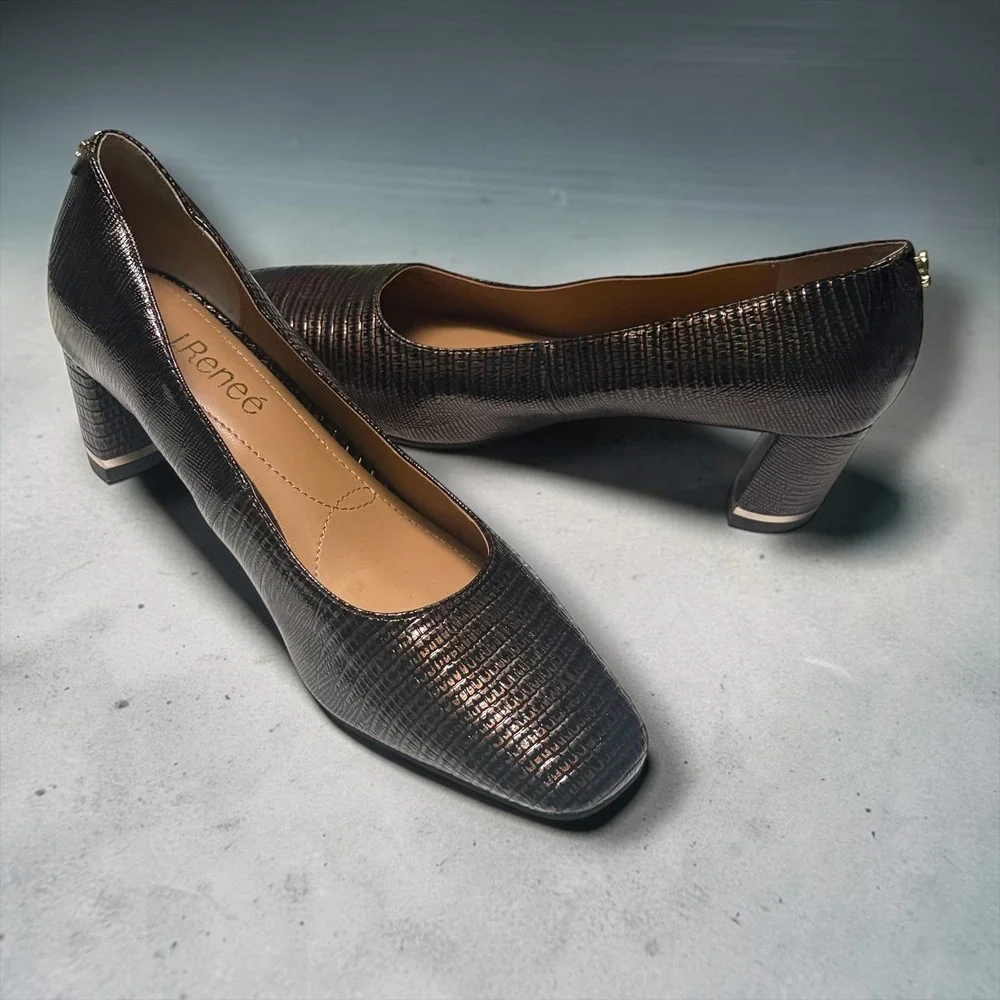 J. Renee Bronze Metallic Lizard Embossed Square Toe Block Heel Pumps